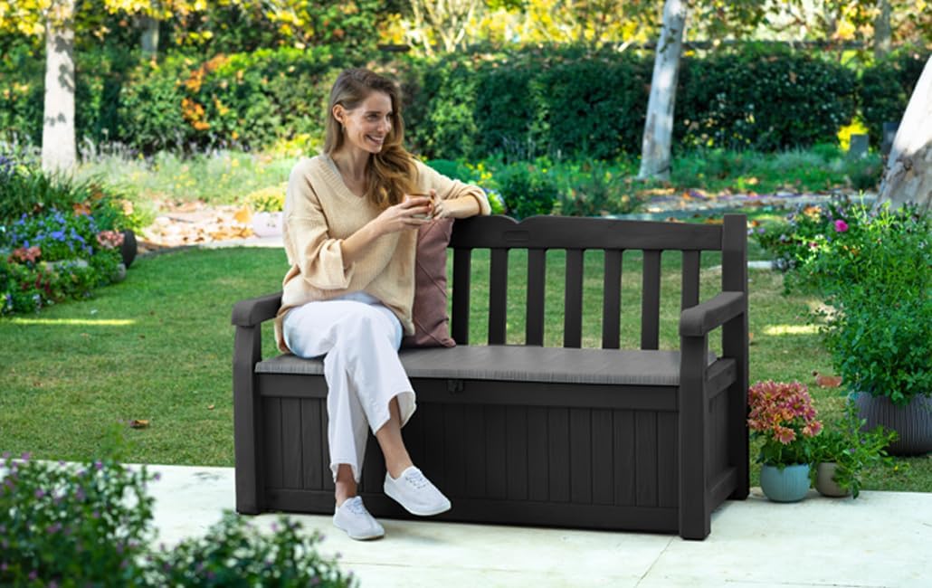 Keter Eden 265L Outdoor Garden Storage Bench Graphite & Light Grey